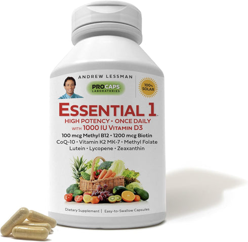 ANDREW LESSMAN Essential-1 Multivitamin 1000 IU Vitamin D3 30 Small Capsules – 100 mcg Methyl B12. CoQ10 Lutein Lycopene Zeaxanthin. High Potency....
