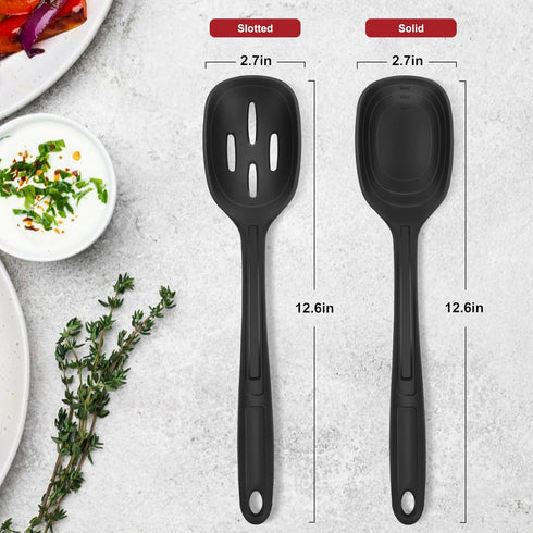 Silicone Cooking Spoon Set, Premium Non-Stick Solid and Slotted Spoon Pack of 2 Kitchen Basting Spoons for Cooking, Large Heat-Resistant Utensils ...