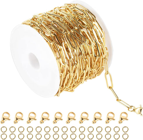 Jabogrii 16.4 Feet Gold Plated Chain for Jewelry Making Welded Stainless Steel Paperclip Oval Link Chains Bulk with Lobster Clasps Jump Rings for ...