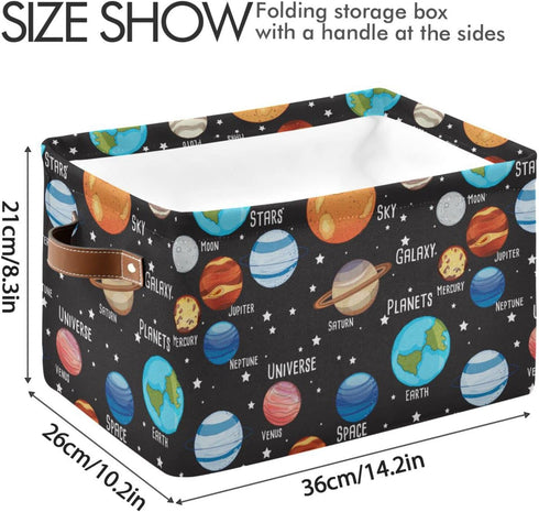 Solar System Storage Basket Collapsible Rectangle Storage Bin Shelves Basket Organizer with Leather Handle for Closet, Office, Nursery, Home Decor...