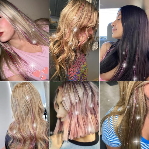 12Pcs Hair Tinsel Clip in 23.6Inch Clip in Hair Tinsel Pink Glitter Tinsel Hair Extensions Heat Resistant Tinsel Hair Kit Clip in Sparkling Fairy ...