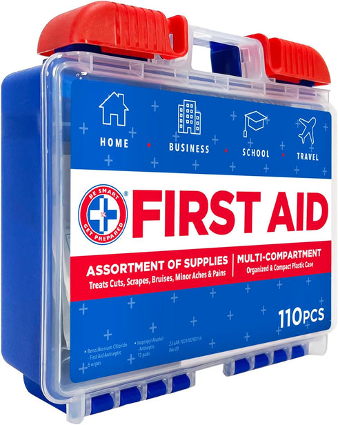 Be Smart Get Prepared 110 pc First Aid Kit: Clean, Treat, Protect Minor Cuts, Home, Office, Car, School, Business, Travel, Emergency, Outdoor, Cam...