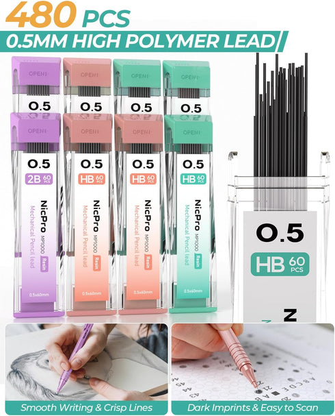 Nicpro 0.5mm Mechanical Pencils Set with Case, 3PCS Metal Mechanical Pencil, Pastel Aesthetic Drafting Pencils With 480PCS HB 2B Lead Refills, 3 E...