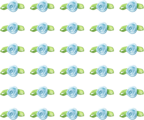 50 Pcs Satin Roses with Green Leaves Mini Cute Ribbon Bows Fabric Artificial Flower Supplies Ornament Applique for DIY Crafting Sewing Wrapping We...