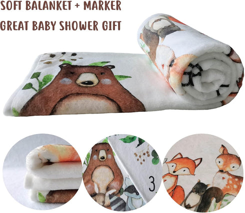 Woodland Animals Baby Milestone Blanket with Birth Stat Sign, Forest Baby Growth Chart Monthly Blanket, Watch Me Grow Woodland Baby Nursery for Ne...