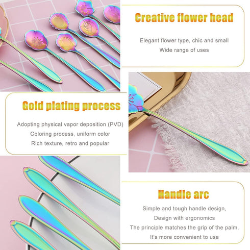 Flower Spoon Set, niceEshop Stainless Steel Teaspoon Colorful Coffee Spoon Tea Spoon Mixing Spoon Sugar Spoon, Set of 8, Rainbow...