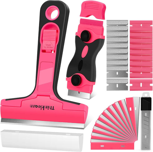 Razor Blade Scraper Tool, 2Pcs Pink Razor Scraper with 40Pcs Replacement Blades, Glass Scraper for Removing Decals, Tint, Stickers, Labels, Caulk,...