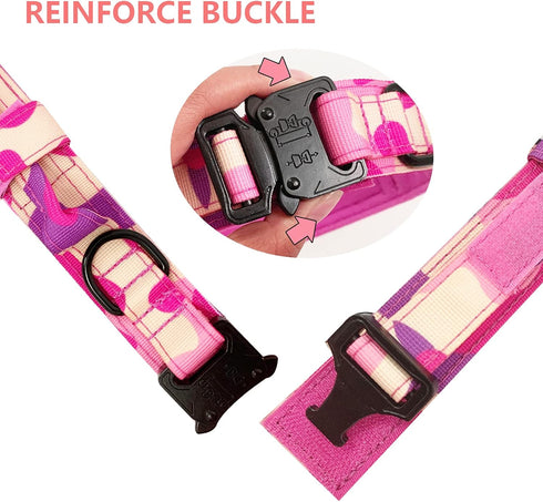 Tactical Dog Collar Military Dog Collar Adjustable Nylon Dog Collar Heavy Duty Metal Buckle with Handle for Dog Training (Pink Camo,M)...