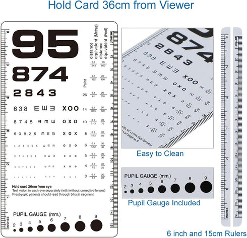 Pocket Eye Chart, Double-Sided Pocket Snellen Eye Chart 6 Feet and Rosenbaum Pocket Eye Chart 36cm, Plastic Eye Chart for Eye Exams 6.5x3.5 Inches...