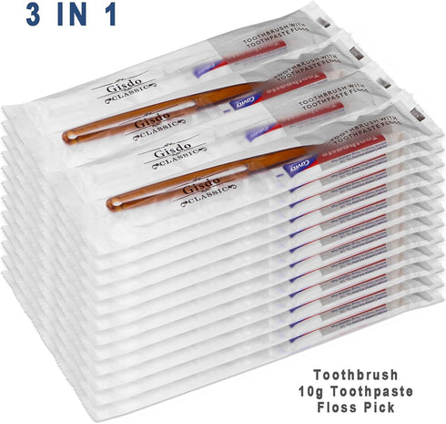 30pcs Disposable Toothbrushes with Toothpaste Floss Individually Wrapped, 2 Color Disposable Toothbrush Bulk, 10g Toothpaste, Dental Floss Pick fo...