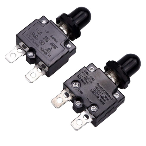 15 Amps Push Button Circuit Breakers, AC 125/250V DC 50V Thermal Overload Protector with Quick Connect Terminals and Waterproof Button Black Cap, ...