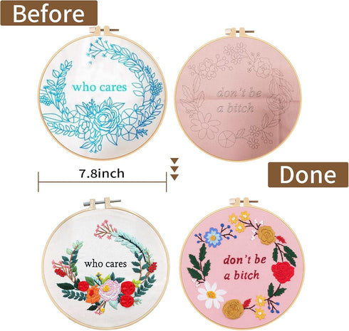 Nuberlic 2 Sets Funny Embroidery Kit for Beginners Adults, Embroidery Starter Kit with Stamped Floral Pattern, Simple Cross Stitch Kits Include Em...