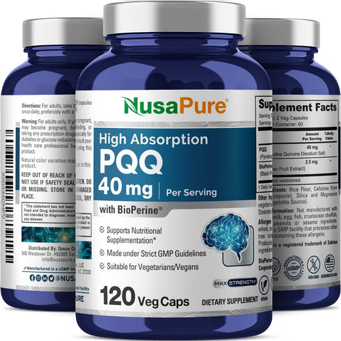NusaPure PQQ Supplement 40 mg, 120 Veggie Capsules, Non-GMO, Pyrroloquinoline Quinone Disodium Salt, Bioperine...