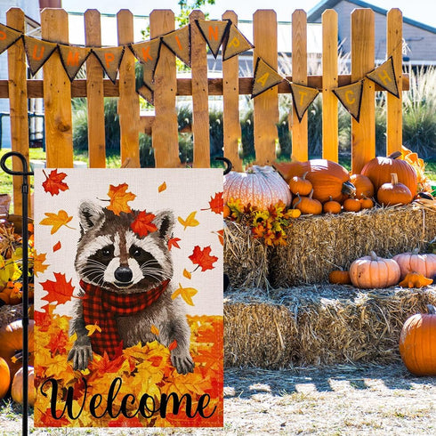Welcome Fall Maple Leaves Garden Flag 12.5x18 Inch Double Sided, Seasonal Raccoon Autumn Rustic Yard Outdoor Decoration...