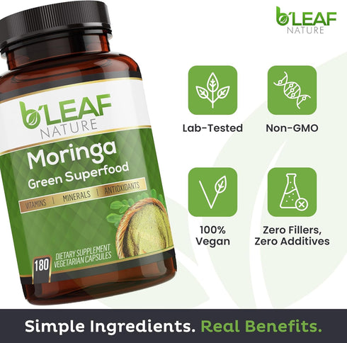 B'LEAF NATURE Organic Moringa Pure Capsules 1000mg, 180 Count – Moringa Capsules with Organic Olefeira Powder for Immune Support, Energy & Balance...