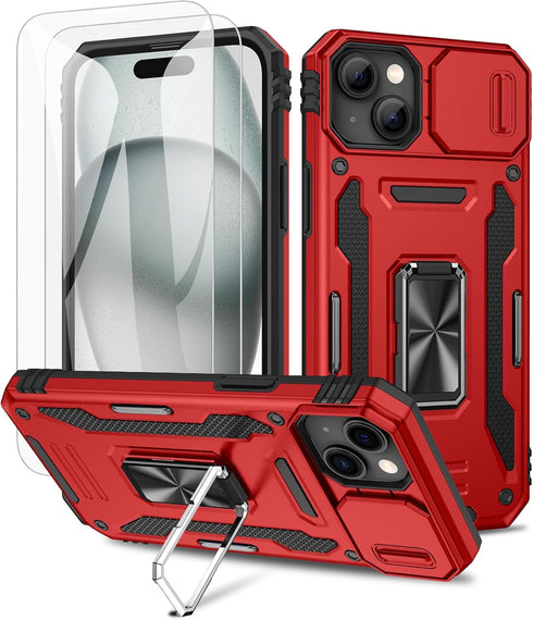 Maxdara for iPhone 15 Slide Camera Cover Case with Screen Protector, with Built-in 360°Rotate Ring Stand Magnetic Car Mount Cover Case for iPhone ...