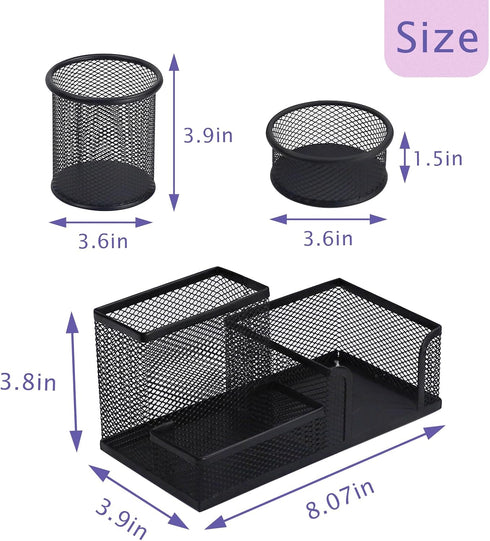 Desk Organizer Caddy, 3 Compartments Pen Holder, Metal Office Supplies Organizer for Office Home School (Black)...