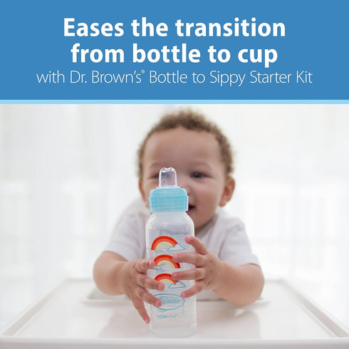 Dr. Brown's Anti-Colic Options+ Narrow Sippy Bottle Starter Kit, 8oz/250mL, with Level 3 Medium-Fast Flow Nipple and Soft 100% Silicone Sippy Spou...