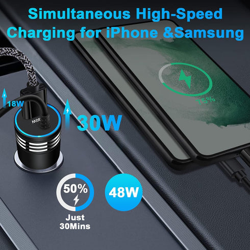48W Super Fast Samsung Car Charger USB C Rapid Android Car Adapter with 30W Built-in Type C Fast Charging Cable for Samsung Galaxy S24 S23 Ultra S...