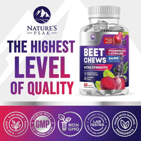 Beet Chews - Soft Beet Root Chewables with Grape Seed Extract Supports Heart Health & Energy with Powerful Antioxidants - Beetroot Nitric Oxide Su...