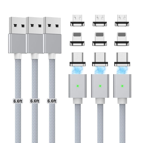 Magnetic Charging Cable 3A Fast Charging(3 Pack,6.6/6.6/6.6ft) 3 in 1 Magnetic Phone Charger with LED Light, Nylon Braided, for Lightning/USB-C/Mi...