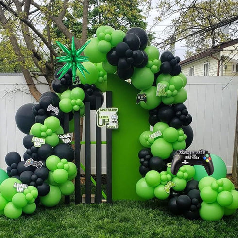 144Pcs Video Game Balloon Arch Garland Kit Green Black Silver Explosion Star Game Controller Mylar Balloons for Boys Kids Game On Level Favor Them...