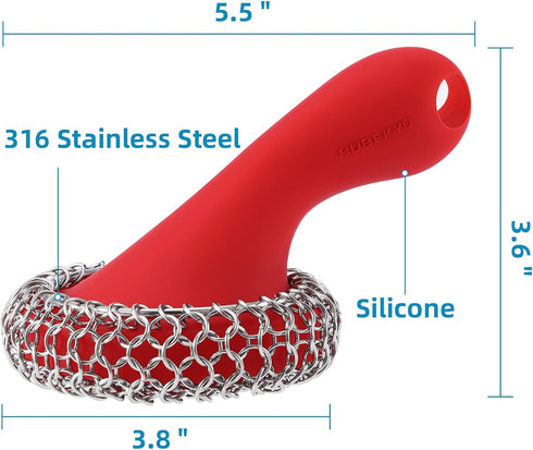 SUBEKYU Cast Iron Scrubber with Silicone Handle, Stainless Steel Cast Iron Skillet Cleaner Chainmail Scrubber for Cast Iron Pans, Red...