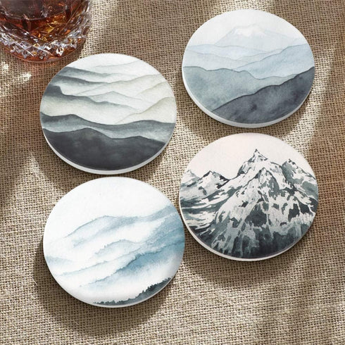 Lahome Mountain Range Coasters - Round Drinks Absorbent Stone Coaster Set with Ceramic Stone and Cork Base for Kinds of Mugs and Cups (Mountain Ra...