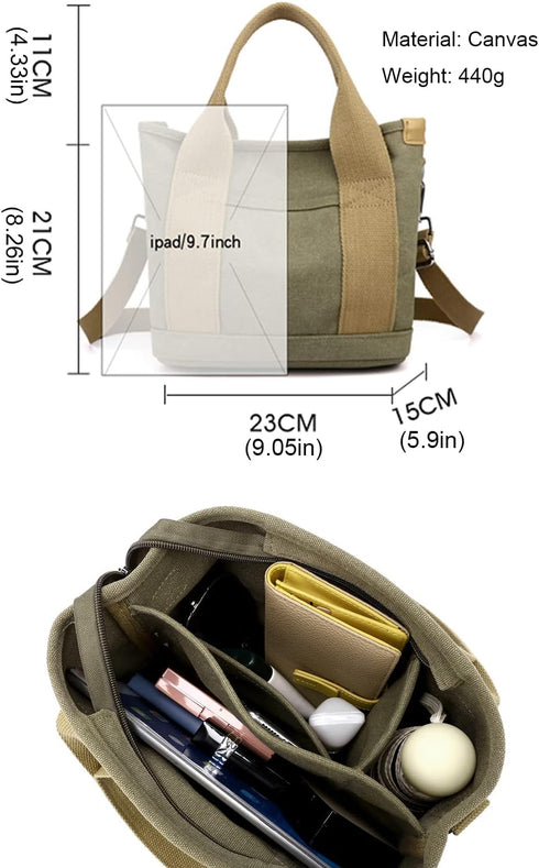 Handbag for Women Small Multi-Pockets, Canvas Mini Tote Shoulder Bags with Zipper, Satchel Hobo Bag for Travel Work...