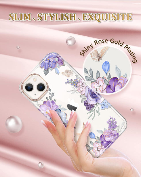 JIAXIUFEN Clear Case Compatible with iPhone 14 iPhone 13 Glitter Plating Flower Design Protective Shockproof Slim TPU Military Drop Protection Gir...