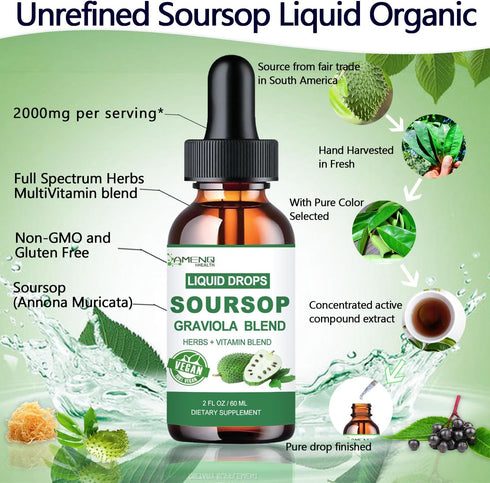 Soursop Graviola Liquid Drops, Organic Soursop Leave Extract w/Sea Moss, Elderberry Vitamin C and Zinc, 16-in-1 Soursop Bitters Liquid for Cell Su...