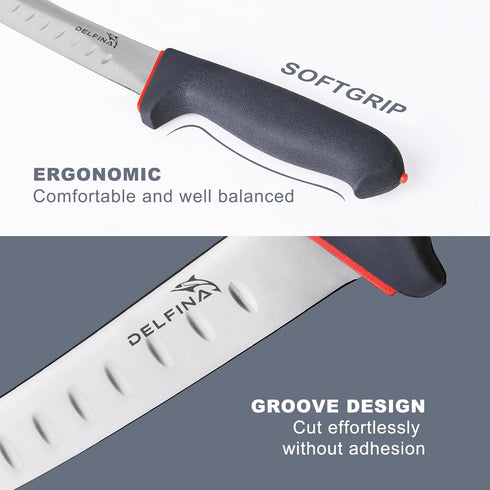 DELFINA Curved Breaking Knife 8 inch W/Sheath & SoftGrip Handle, Butcher Breaking Knife For Meat Cutting, High Carbon Japanese Steel ?8 inch?...