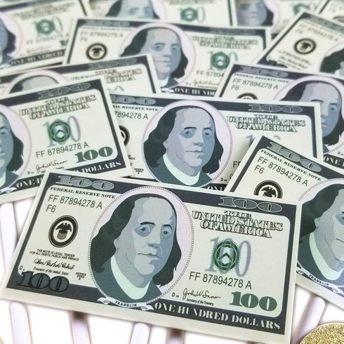 250gsm Cardstock 24pcs 100 Dollar Bill Cupcake Toppers Dollar Sign Cupcake Toppers Money Themed Decors for Birthday Anniversary Wedding Bridal Sho...