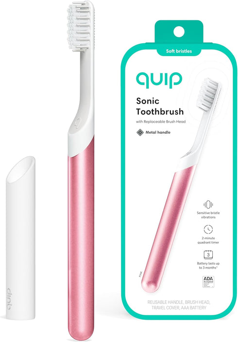 Quip Sonic Toothbrush for Adults - Timed Electric Toothbrush with Cover - Replaceable Brush Head, Soft Bristles, Metal Handle, 3 Month Battery Lif...