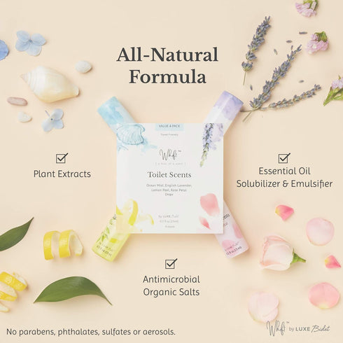 Whift Toilet Scents Drops by LUXE Bidet, Value 4-Pack (Rose Petal, Lemon Peel, English Lavender, Ocean Mist) 0.5 oz / 15 mL each...