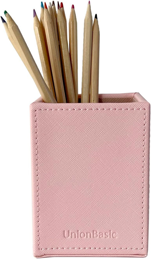 UnionBasic Square Pen Holder, Leather Pencil Cup, Desktop Caddy Stationery Organizer, Taiga Pattern Leather, Pink...