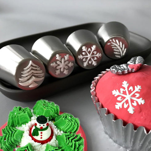 4 PCS Christmas Pastry Icing Piping Nozzles,Special Stainless Steel Russian Piping Tips Set,Cake Decorating Tools(1 Christmas Tree,2 Snowflake,1 L...