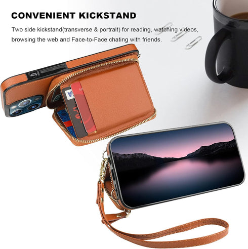 Bocasal RFID Blocking Wallet Case for iPhone 13 Pro Max, Adjustable Crossbody Zipper Purse with Kickstand and Detachable Wrist Strap, PU Leather F...