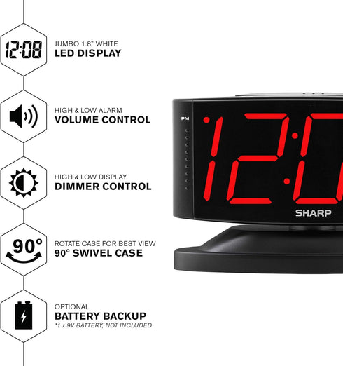 Sharp Home LED Digital Alarm Clock – Swivel Base - Outlet Powered, Simple Operation, Alarm, Snooze, Brightness Dimmer, Big Green Digit Display, (M...