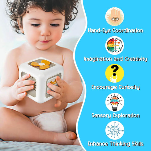 Ponpon Busy Cube for Toddlers, 6 in 1 Activity Cube for Children, Travel Toys for Toddlers for Fine Motor Skill Learning, Educational Birthday Gif...