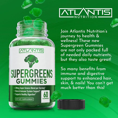 Supergreens Gummies - Daily Green Superfoods Supplement with Spinach, Broccoli, Moringa, Beet Root, Celery, Green Tea, & Acai for Immunity Support...