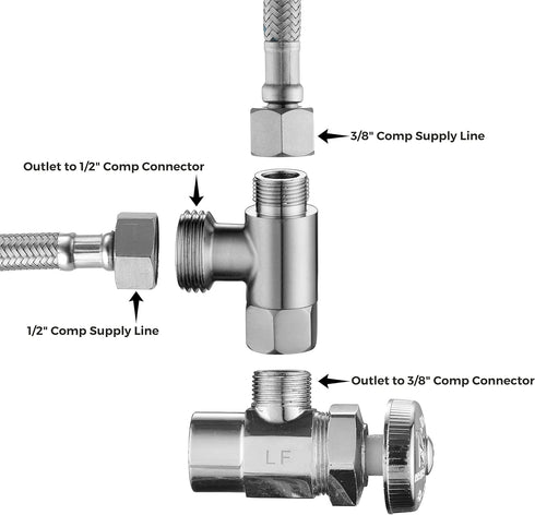 3/8 x 1/2 Adapter T Connector Valve, ADD-A-Tee Adapter 3 Way Valve 3/8 Tee Compression, Stainless Steel Splitting Water Supply T Pipe Fitting for ...