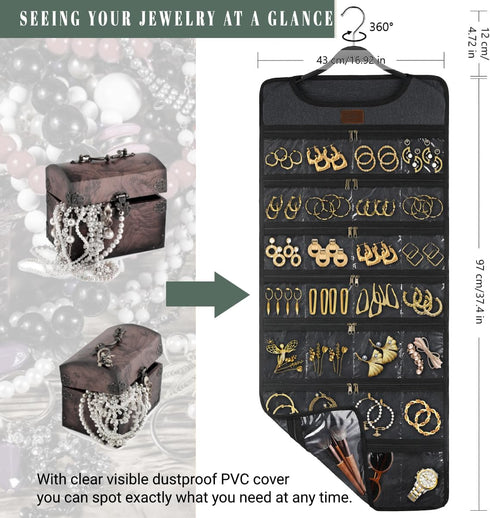SMRITI Hanging Jewelry Organizer with Dual Zippered Pockets Canvas Double Sided Rotating Hanger Necklace Hanging Wall Organizer Earring Dustproof ...