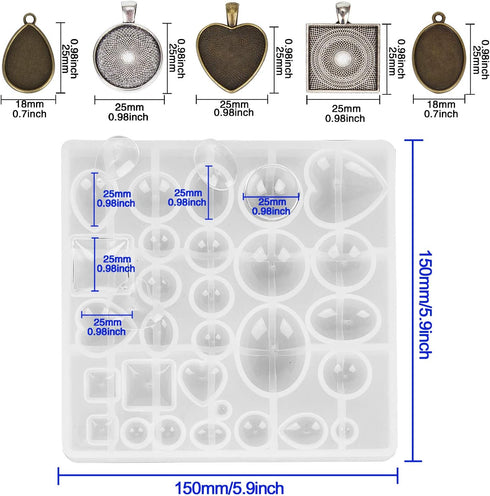 HOMEIDOL Resin Jewelry Molds Pendant Trays Making Kit with 30pcs 5 Styles Metal Pendants and 1pc Silicone Epoxy Casting Mold for Pendant Crafting ...