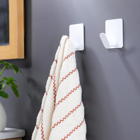 DELITON Adhesive Towel Hooks/Bathroom Wall Hooks - White Heavy Duty Self Adhesive Hooks Stick on Hanging Robes Coats Clothes for Bedroom Kitchen D...