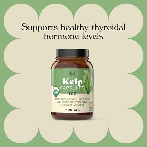 Raw Sea Kelp Powder Supplement - 600mg Capsules 100 Pills Powdered Raw Seaweed & Thyroid Support Supplement...