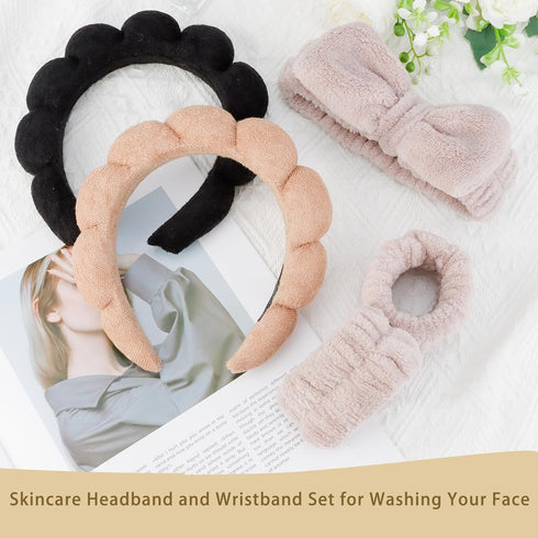 Spa Headband for Washing Face 5Pcs Skincare Headbands Makeup Headband Wrist Bands for Washing Face Makeup Headbands for Women Brown Black Khaki He...