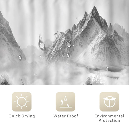 Riyidecor Misty Shower Curtain 72Wx72H Inch Foggy Snow Mountain Scenery National Park Smokey Tree Woodland Landscape Black Gray for Men Bathroom D...