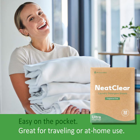 Eco Laundry Detergent Sheets - Travel Size Liquidless Soap Sheets - Fragrance Free (32 Loads) - Plastic Free Laundry Strips Eco Friendly NeatClear...