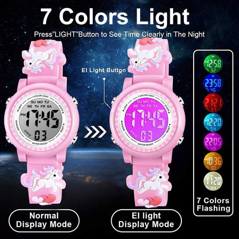Venhoo Kids Watches 3D Cartoon Waterproof 7 Color Lights Toddler Wrist Digital Watch with Alarm Stopwatch for 3-10 Year Girls Little Child...